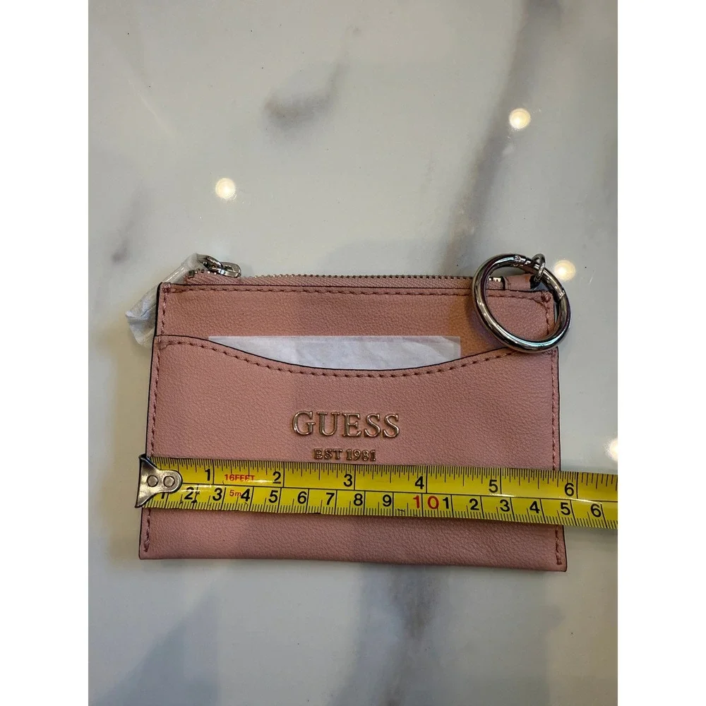 Guess Est 1981 Pink Faux Leather Zip Card Holder Wallet with Key Ring New